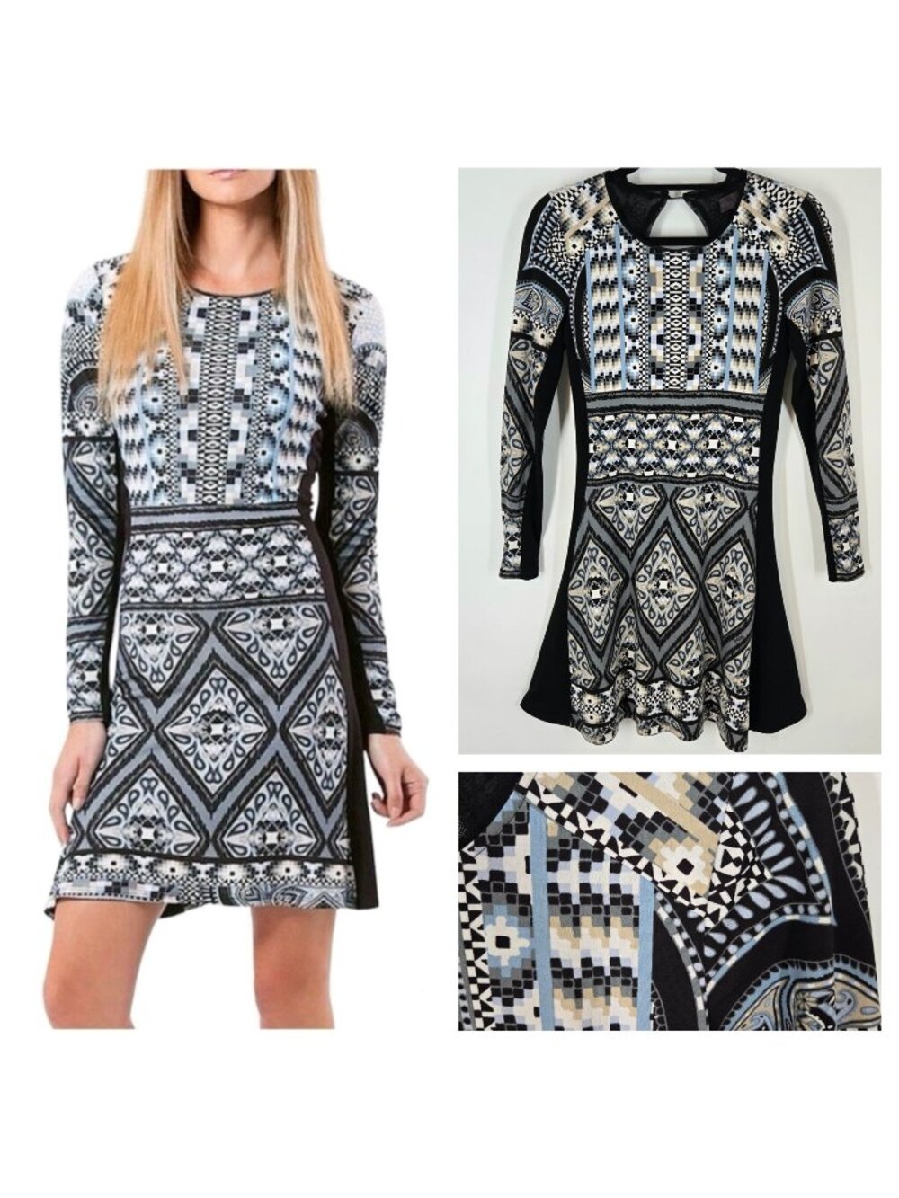 Hale Bob Mosaic Print Longsleeve Mini Dress Keyhole Back Tribal Women's Size XS